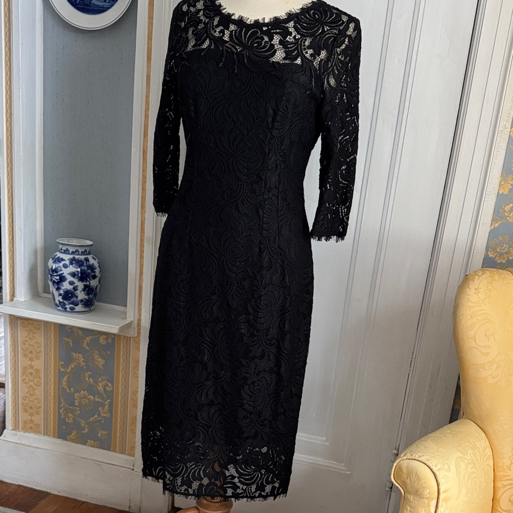 Tahari Black Floral Lace 3/4 Sleeves Dress